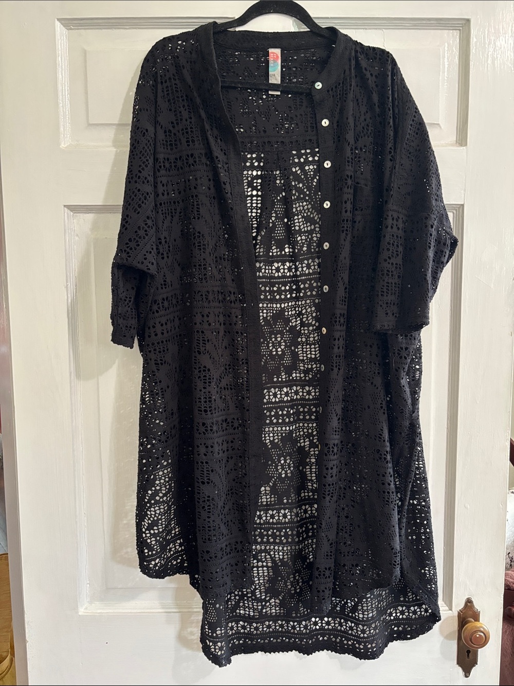 Black Crochet Swim Coverup Button-Front Kimono